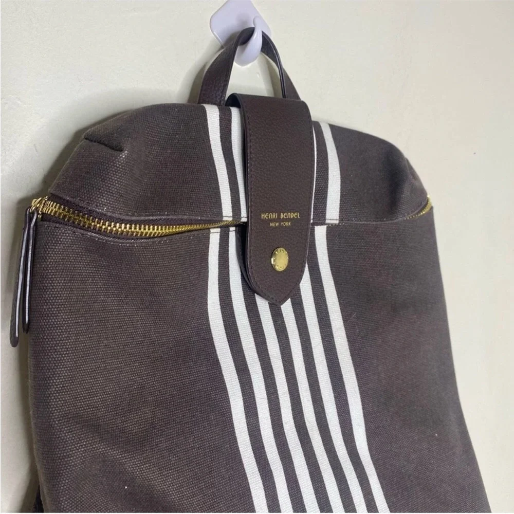 Henri Bendel Canvas Backpack Y2K Signature Dark Brown White Striped Convertible